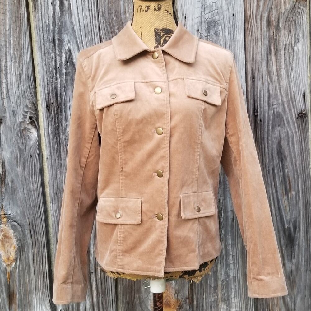 Tan Jacket Chadwick's Size 6 Tan Coat Button Front Flap Pockets Stretch Velour - Picture 3 of 10